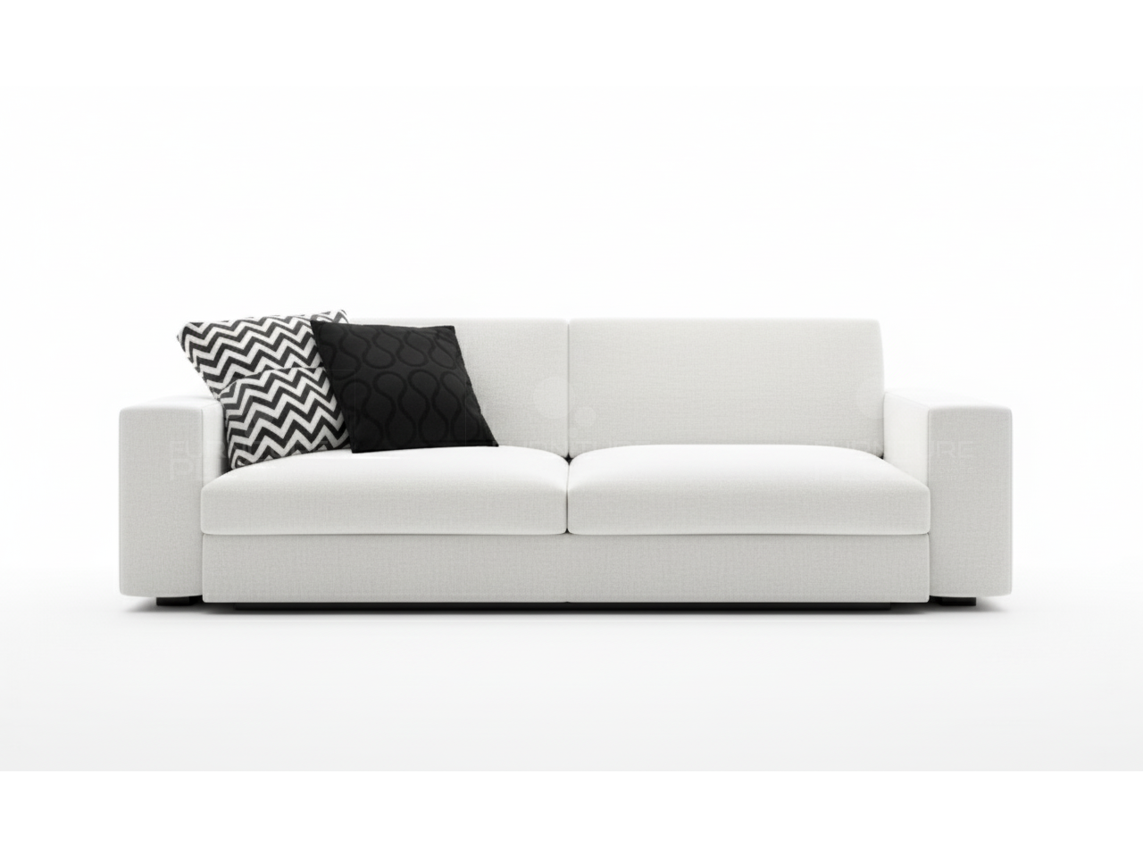 Front view of Madrid fully upholstered white three seater sofa with two throw pillows