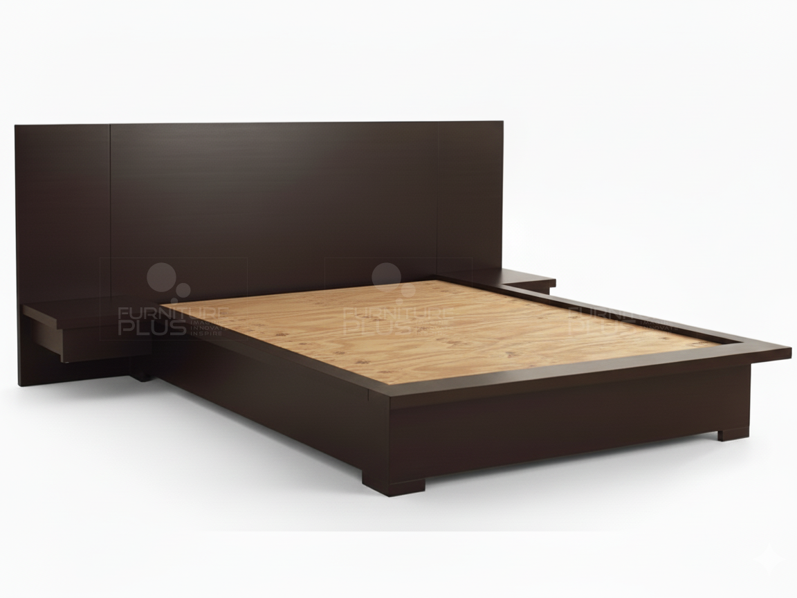 Side view of ultra-modern Marie dark espresso platform bed with an oversized headboard and integrated floating nightstands on both sides
