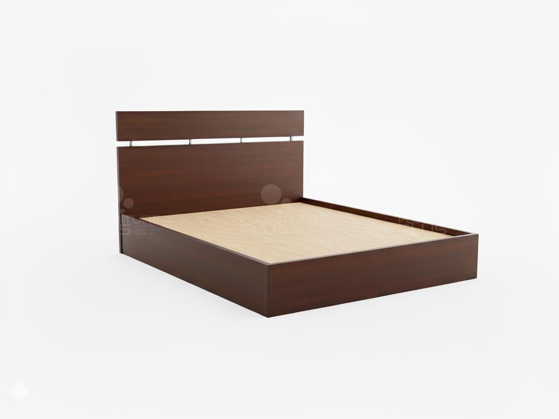 Side view of Mahogany wooden Marisol platform bed with a minimalist headboard featuring a thin, horizontal slat