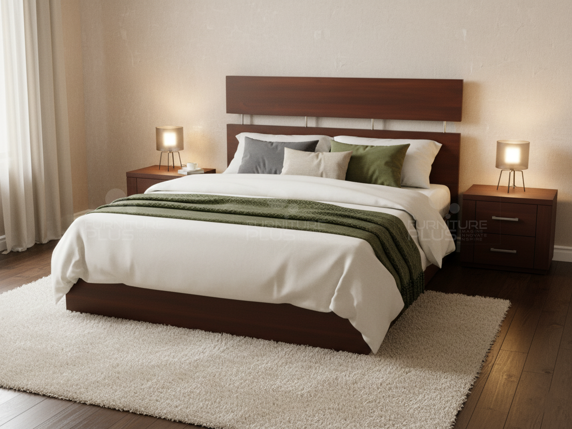Warm contemporary bedroom with a Mahogany Marisol platform bed featuring a recessed headboard accent, white and olive green bedding, and modern lamps