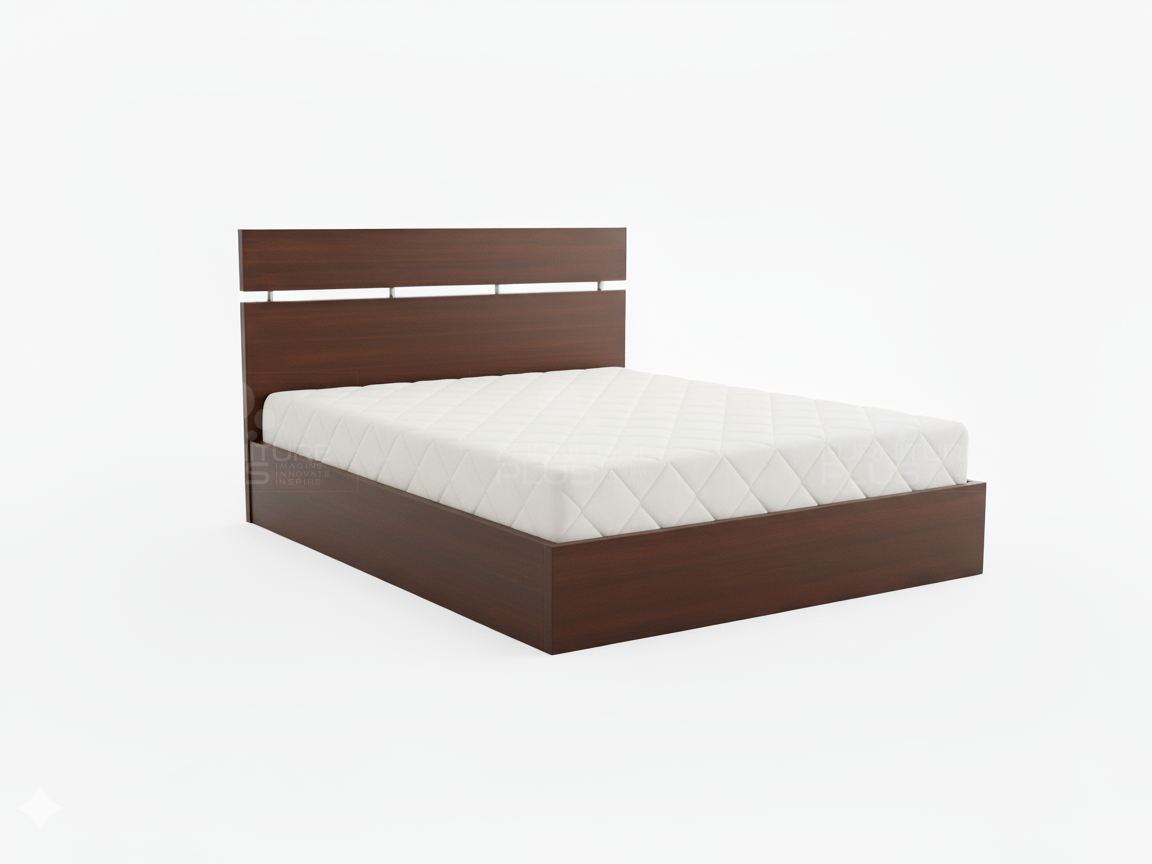 Side view of Mahogany wooden Marisol platform bed with a minimalist headboard featuring a thin, horizontal slat and mattress