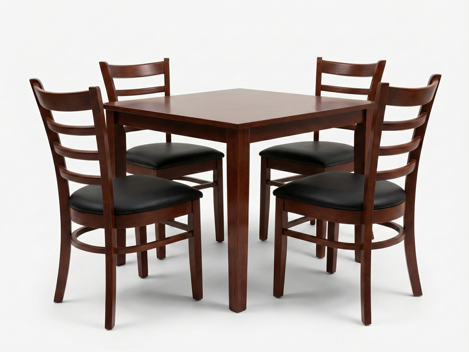 Side view of Myron dining table which is ideally suited for restaurants, hotels or a small dining area. The table with tapered legs is made out of solid Mahogany timber with 4 Chairs