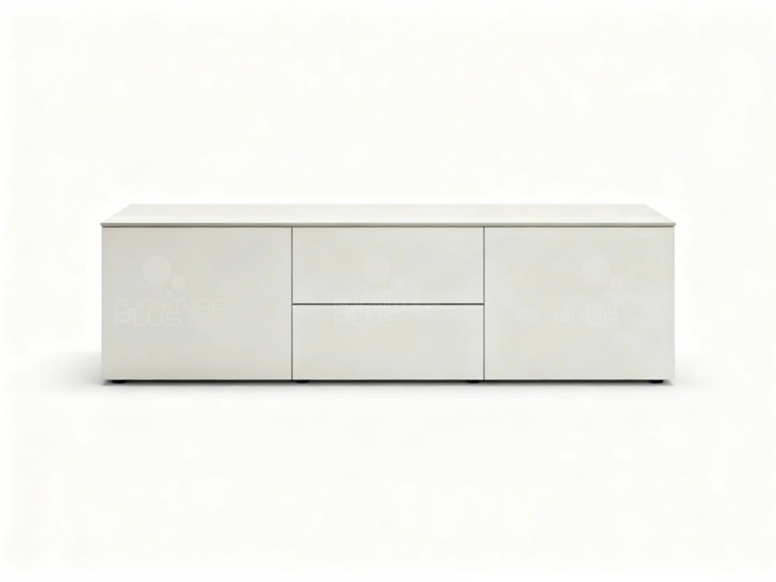 Front view of a sleek, minimalist, long, white Nero TV console or sideboard with a matte finish. The front features three sections: a tall cabinet door on the left, a section with one top cabinet door and one bottom drawer in the middle, and a tall cabinet door on the right. The unit has clean, handleless fronts and a recessed base, displayed against a plain white background