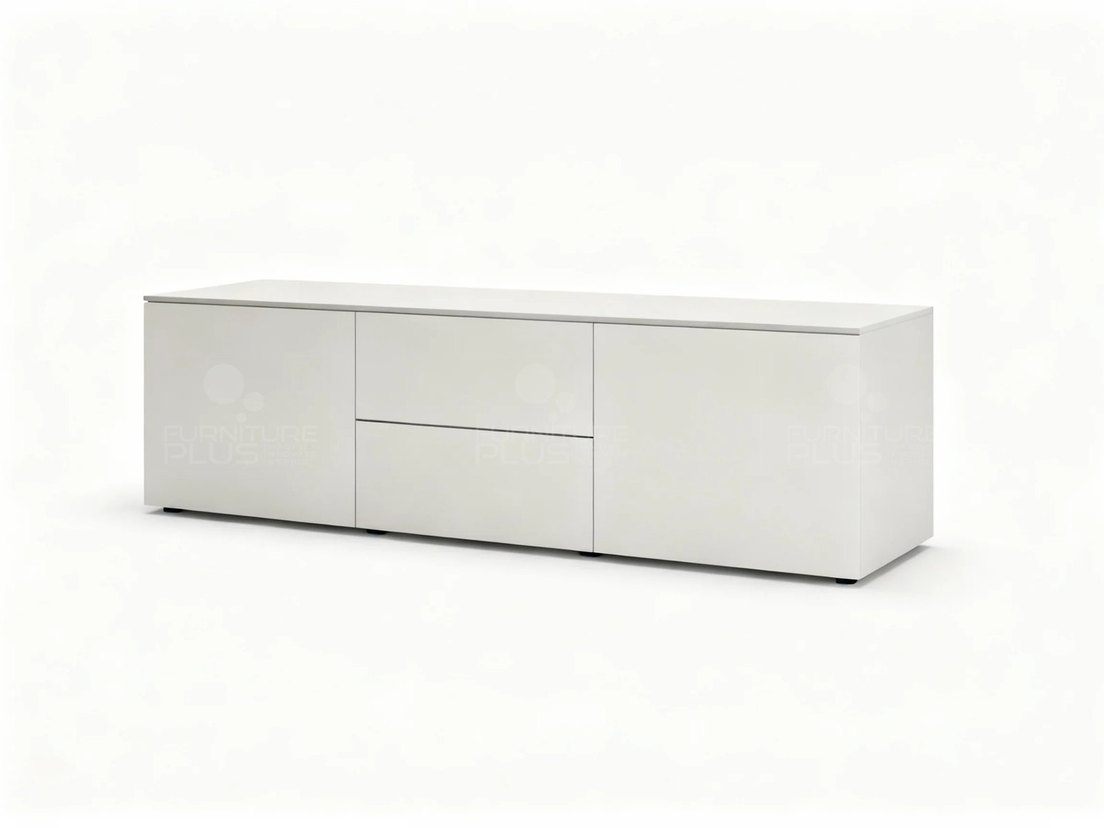 Side view of a sleek, minimalist, long, white Nero TV console or sideboard with a matte finish. The front features three sections: a tall cabinet door on the left, a section with one top cabinet door and one bottom drawer in the middle, and a tall cabinet door on the right. The unit has clean, handleless fronts and a recessed base, displayed against a plain white background