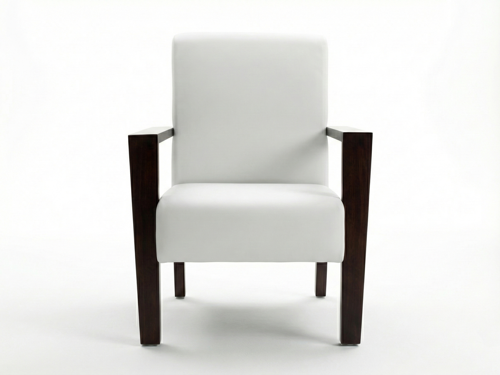 Front view of the Nora Easy Chair, a striking modern armchair with a minimalist design. It features a visible dark brown or espresso-stained wooden frame forming the square legs and extended, straight armrests. The seat and backrest are upholstered in smooth, white leather or vinyl, contrasting sharply with the dark wood. The chair is photographed against a plain white background