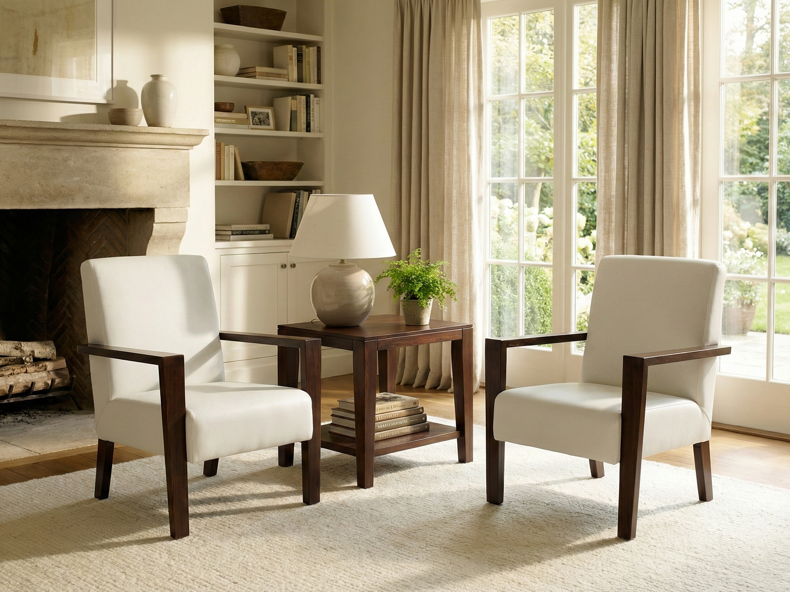 Two matching Nora Easy Chairs, modern armchairs upholstered in white, with exposed dark wooden frames and straight armrests, are positioned facing inward over a light, textured rug. They flank a dark wooden square side table holding a ceramic lamp, books, and a potted plant. The chairs are set in a bright living room featuring a stone fireplace on the left, built-in shelving, and large windows with sheer curtains overlooking a green garden, creating a stylish and contemporary seating area