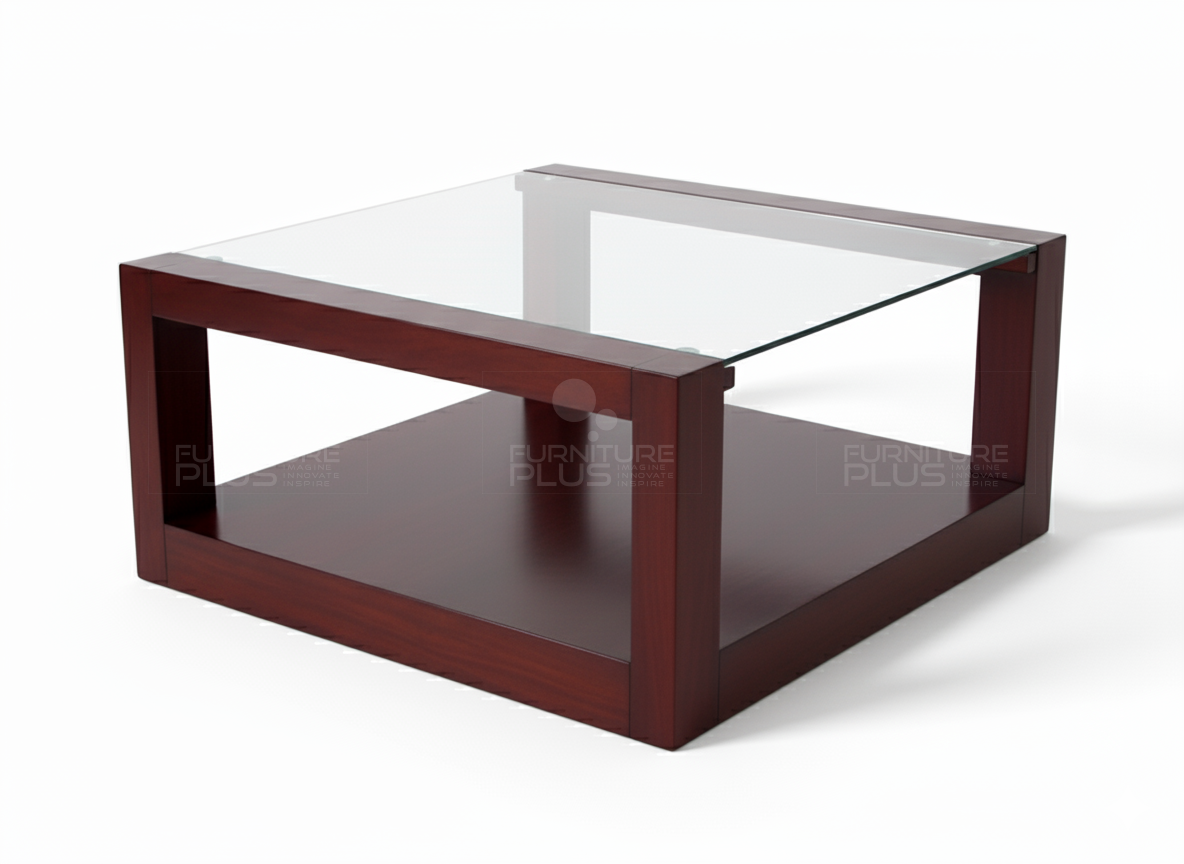 Side view of square Oliver coffee table with integrated compartment under the table and made out of solid Mahogany wood with glass top