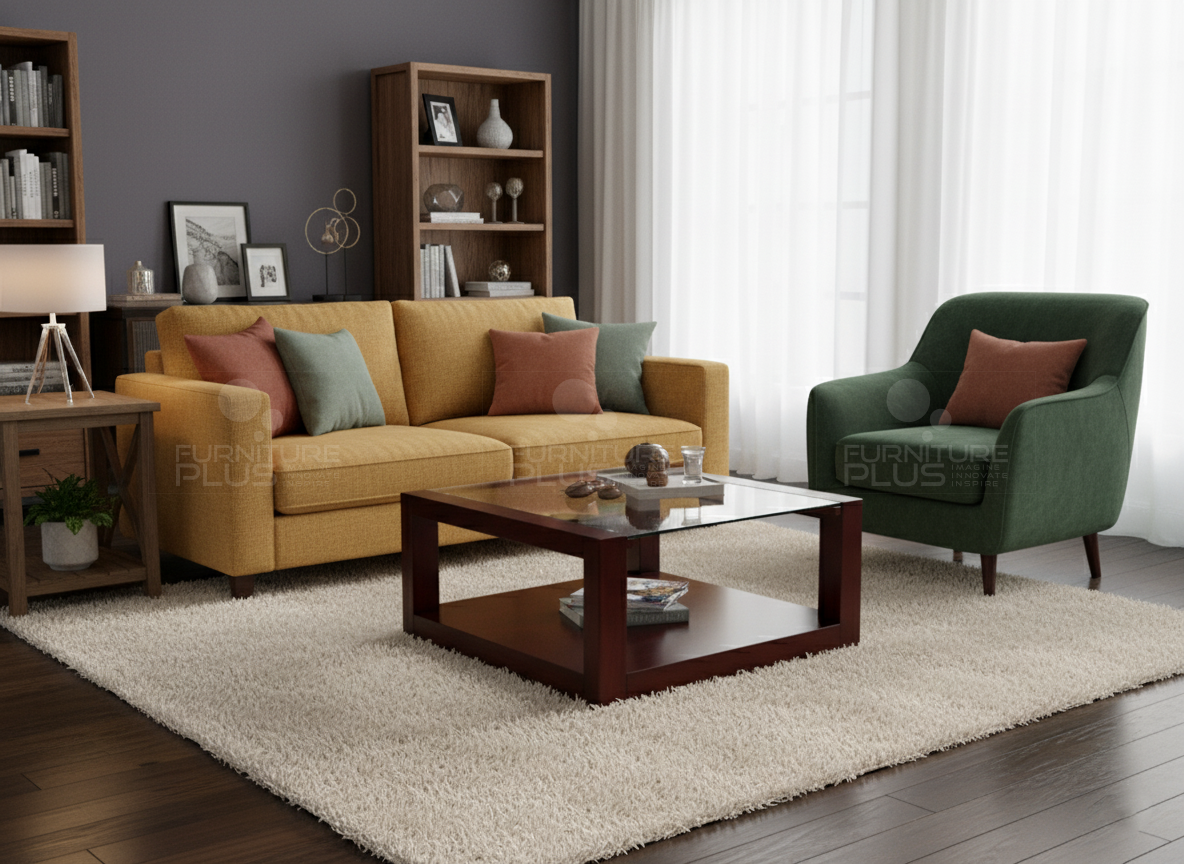 Oliver coffee table with integrated compartment under the table and made out of solid Mahogany wood with glass top in a modern living room