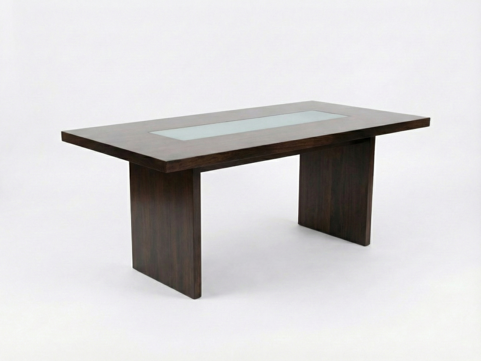 Side view of Oscar dining table with timber top with a clear glass strip and solid side base panels