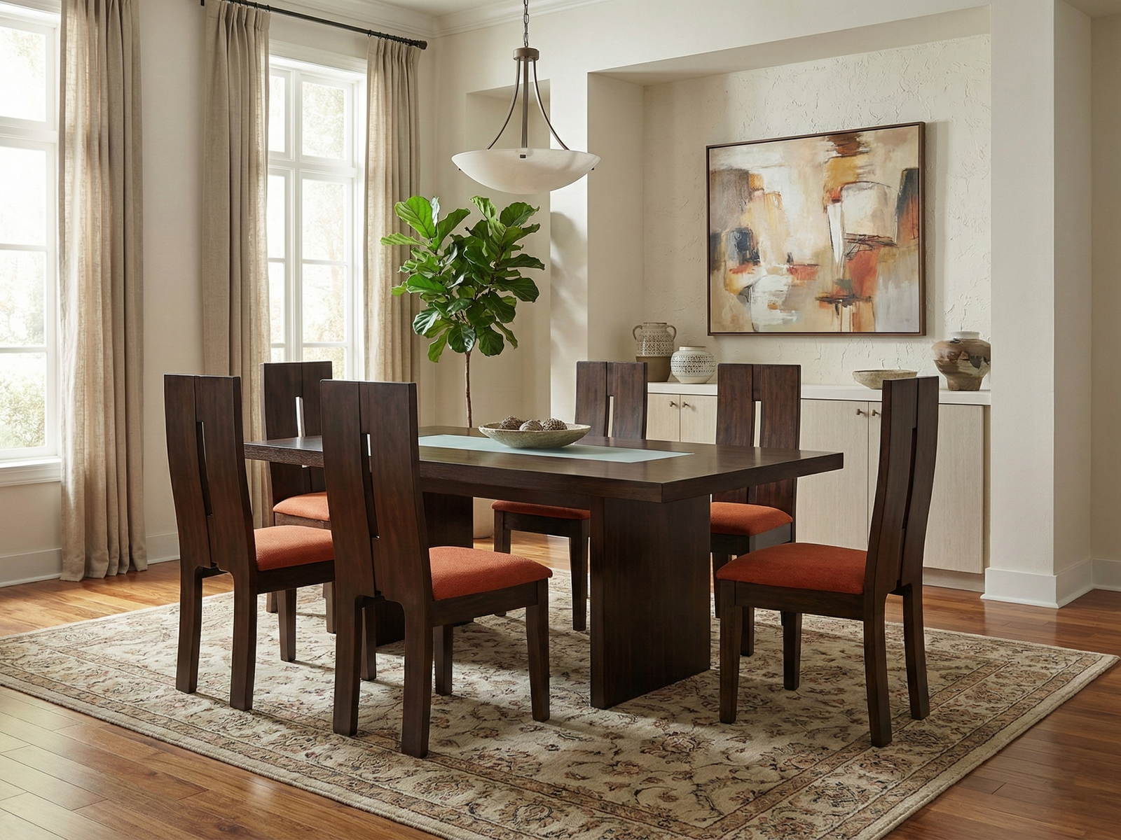 Oscar six seater dining table with timber top with a clear glass strip and solid side base panels with 6 dining chairs in a modern dining table