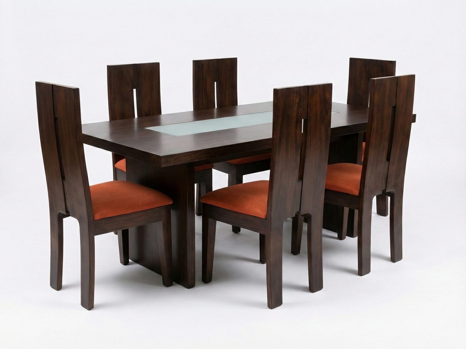 Side view of Oscar dining table with timber top with a clear glass strip and solid side base panels and 6 Palin Chairs