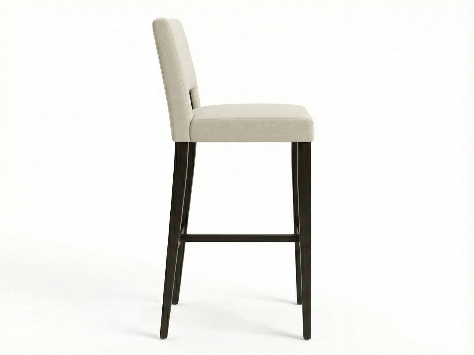 Side view of a contemporary Osteria bar stool with a dark espresso or black wood frame with slightly tapered legs, supporting an upholstered back and seat in light linen or off-white fabric. The backrest has a distinct central horizontal cutout with a dark accent trim