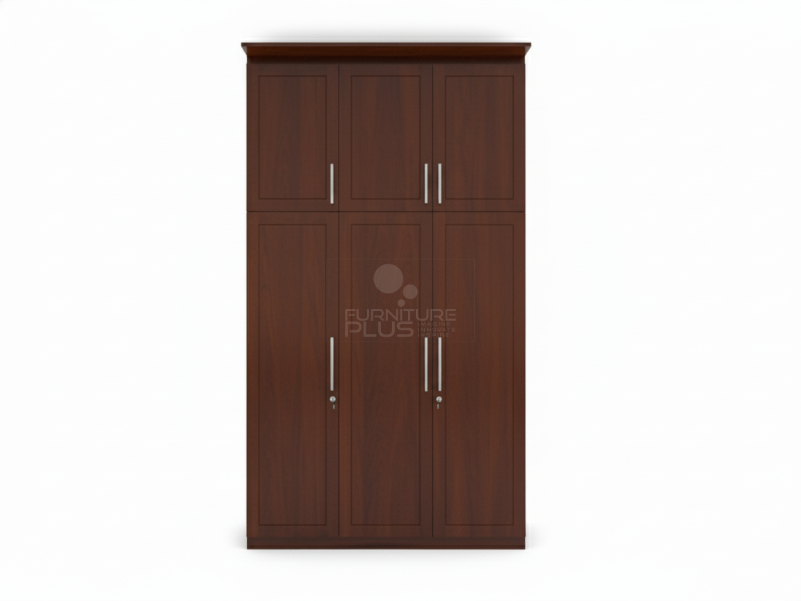 Front view of a tall, modular Paddington wardrobe unit in a dark reddish-brown Mahogany wood finish. It features two tiers: a top tier with four smaller doors and a bottom tier with four larger doors. All doors have silver handles, and the two central doors on the bottom tier have key locks