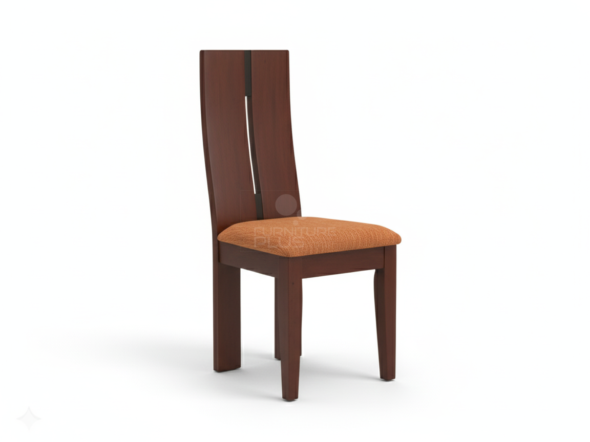 Palin contemporary dining chair with a medium-toned Mahogany wood frame. The tall back panel includes a vertical open slot and a dark strip running down its center. The seat is padded and covered in a textured terracotta or orange fabric