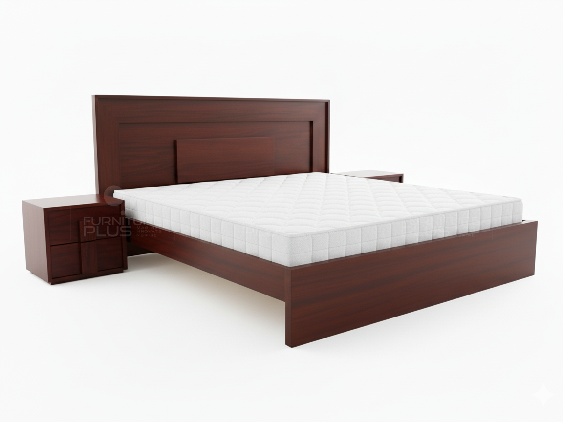 Side view of contemporary Patricia dark reddish-brown Mahogany wooden platform bed with a tall headboard featuring a central, rectangular raised panel accent, mattress and bedside tables