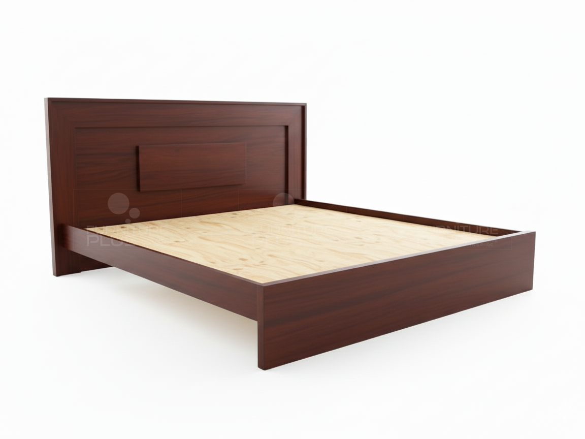 Side view of contemporary Patricia dark reddish-brown Mahogany wooden platform bed with a tall headboard featuring a central, rectangular raised panel accent