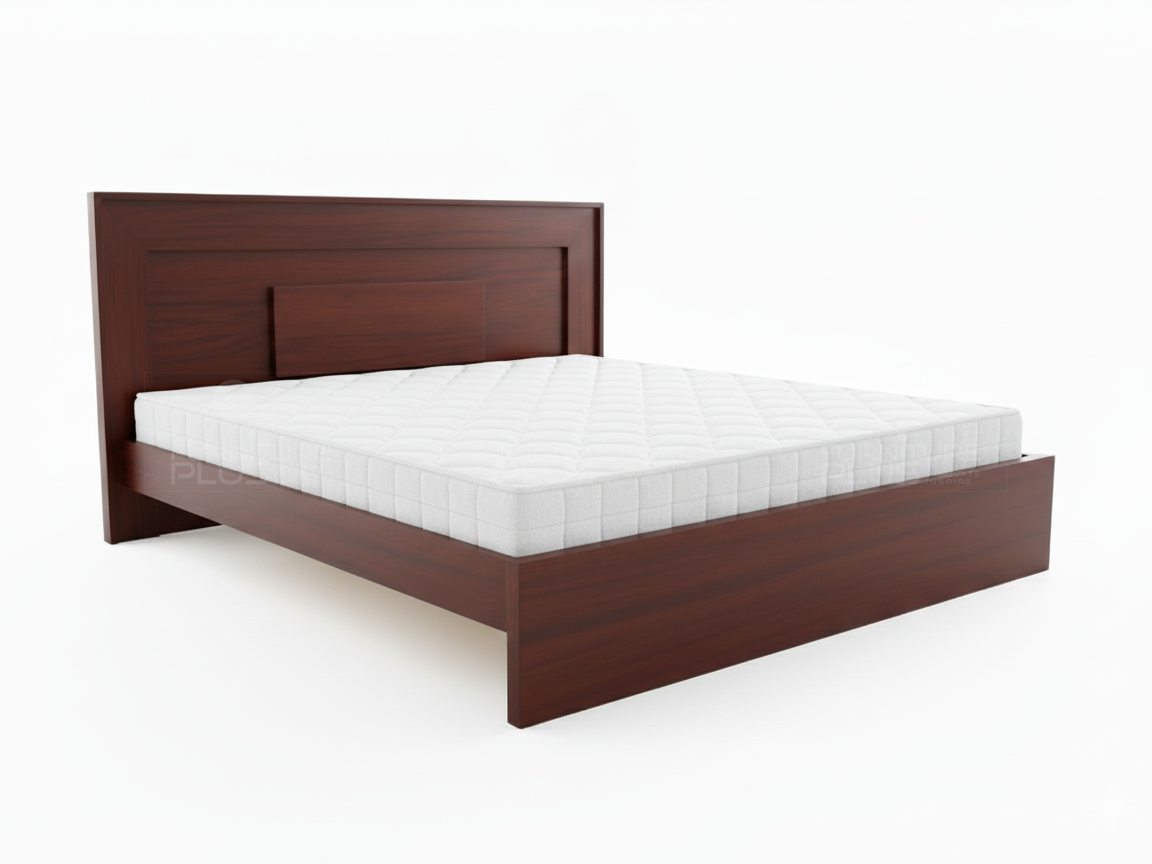 Side view of contemporary Patricia dark reddish-brown Mahogany wooden platform bed with a tall headboard featuring a central, rectangular raised panel accent, mattress