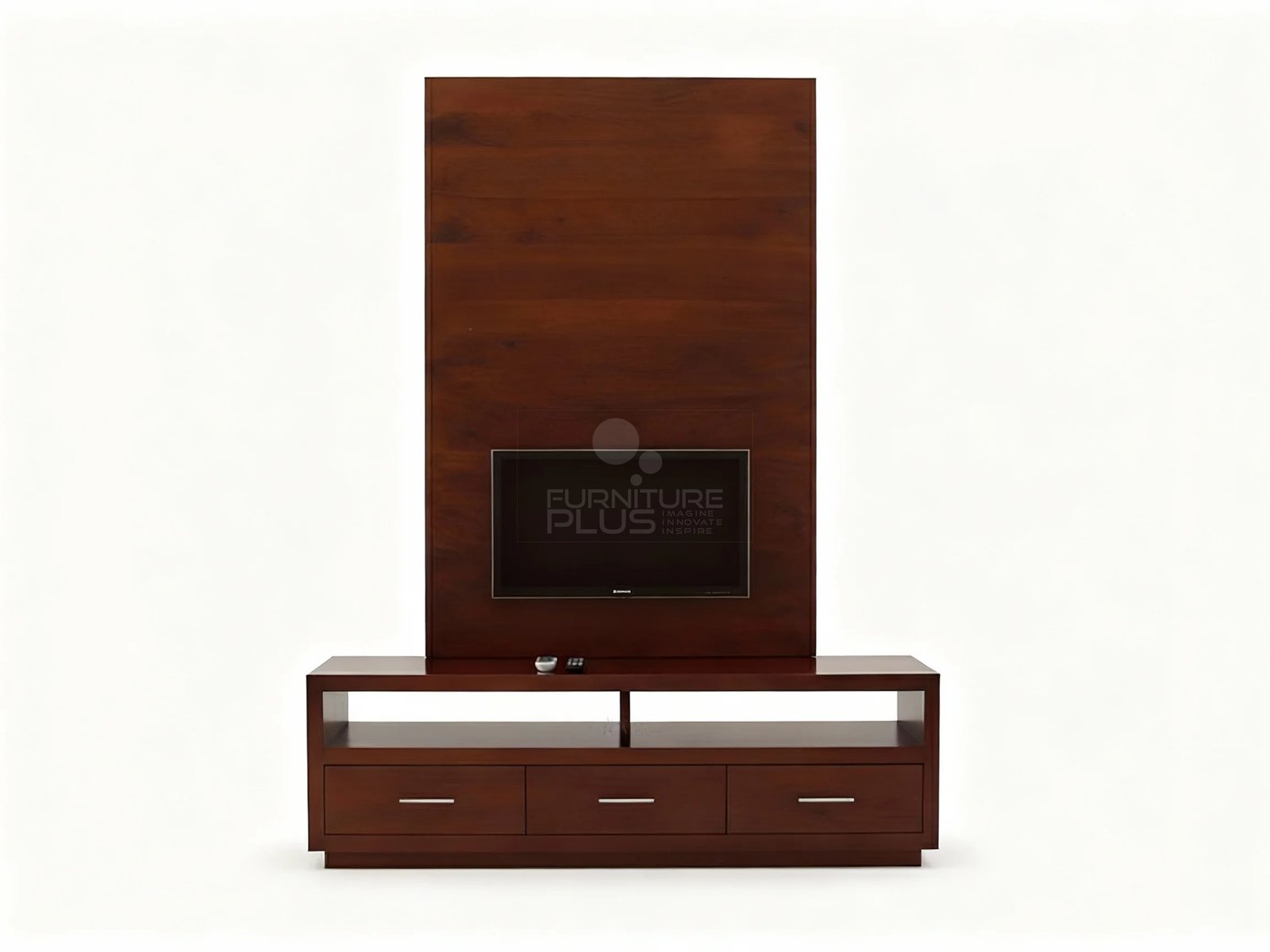 Front view of a contemporary Pegasus multimedia unit made of rich mahogany wood. The unit features a long, low TV console with three drawers and an open top shelf. A tall, rectangular wooden back panel rises from the console's center, with a flat-screen television mounted on it