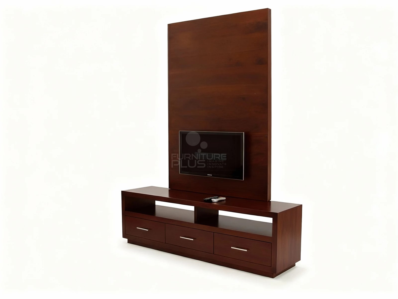 Side view of a contemporary Pegasus multimedia unit made of rich mahogany wood. The unit features a long, low TV console with three drawers and an open top shelf. A tall, rectangular wooden back panel rises from the console's center, with a flat-screen television mounted on it