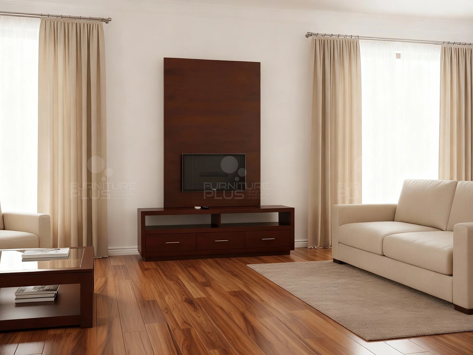 A staged living room featuring a contemporary Pegasus media unit with a dark mahogany wood finish. The unit consists of a low TV console with three drawers and an open shelf, from which a tall, vertical wooden back panel extends upward. A flat-screen television is mounted on the lower part of the panel. The room has polished wood floors, light-colored sofas, a dark wood and glass coffee table, and large windows with cream-colored drapes
