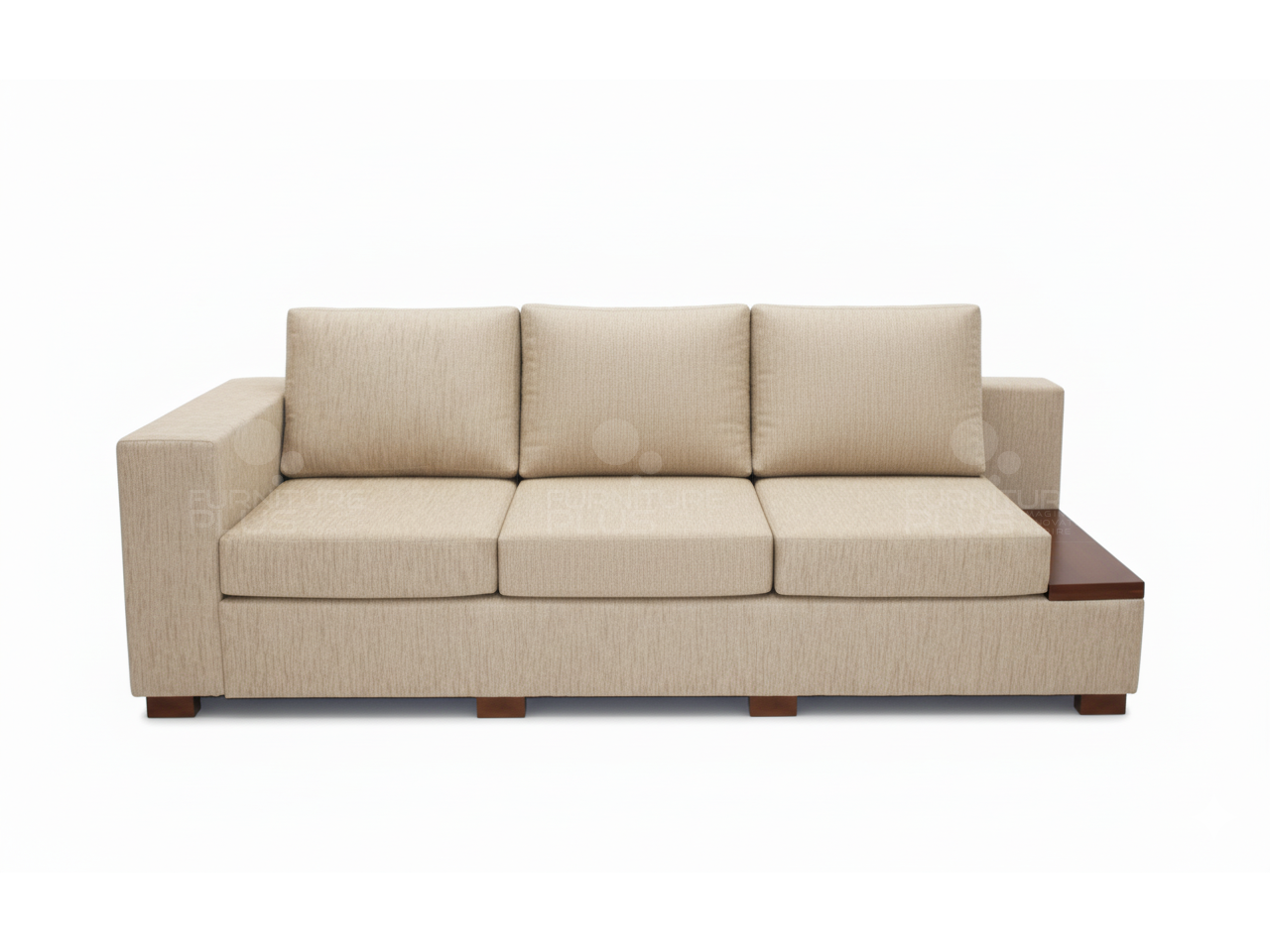 Front view of Pittsburg fully upholstered beige three seater sofa with drop timber arm