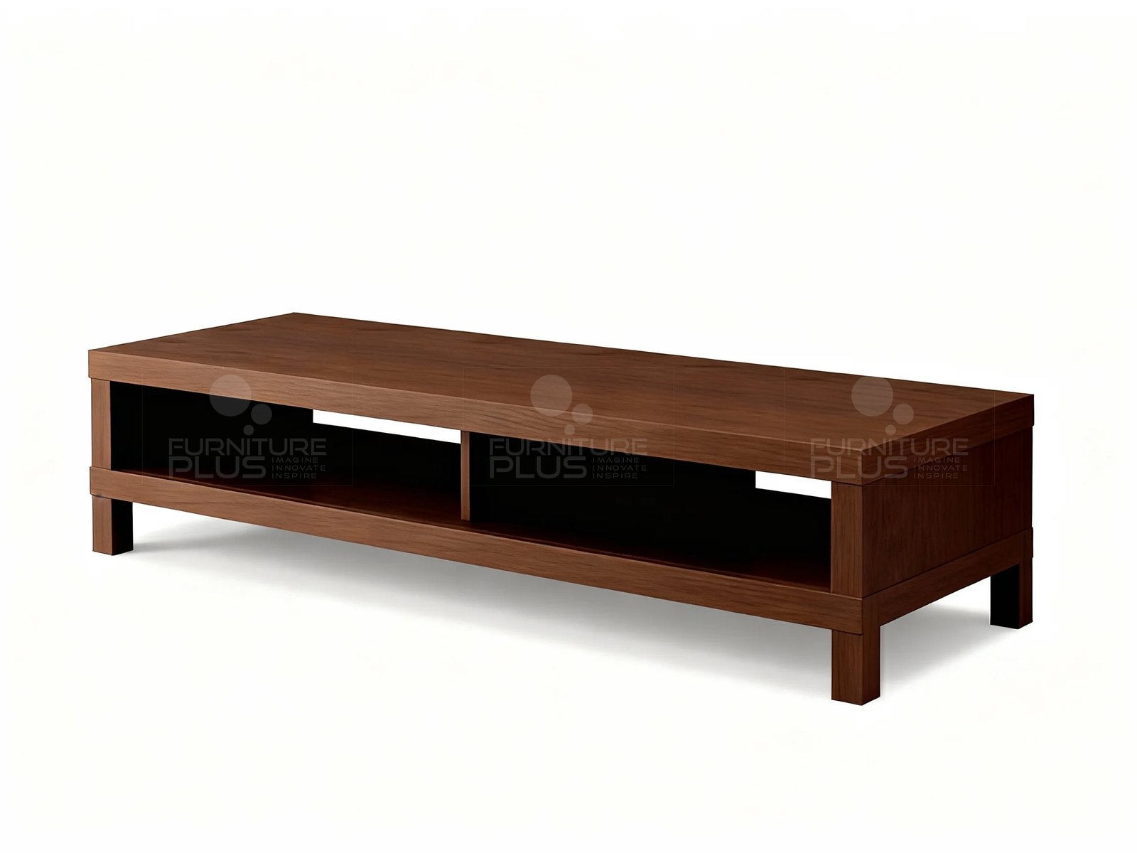 Side view of A long, low, minimalist Platoon TV stand / media console in a warm brown Mahogany wood finish. The unit features a single wide, open shelf divided into two compartments for media devices. It rests on four short, square legs and is displayed against a plain white background