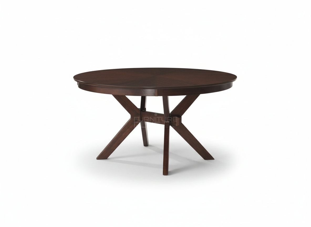 Side view of Porter circular dining table with designer angled leg made of Mahogany timber