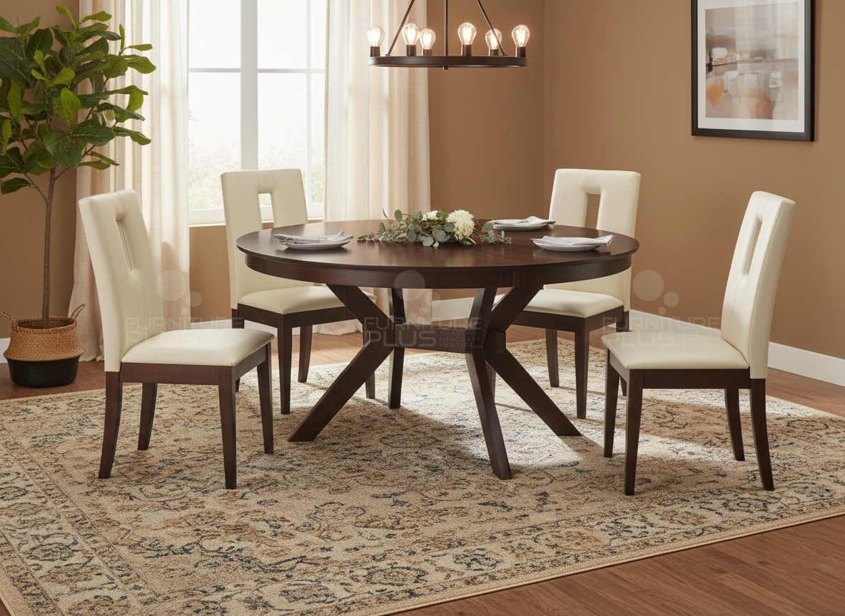 Side view of Porter four seater circular dining table with designer angled leg made of Mahogany timber with 4 dining chairs in a modern dining room