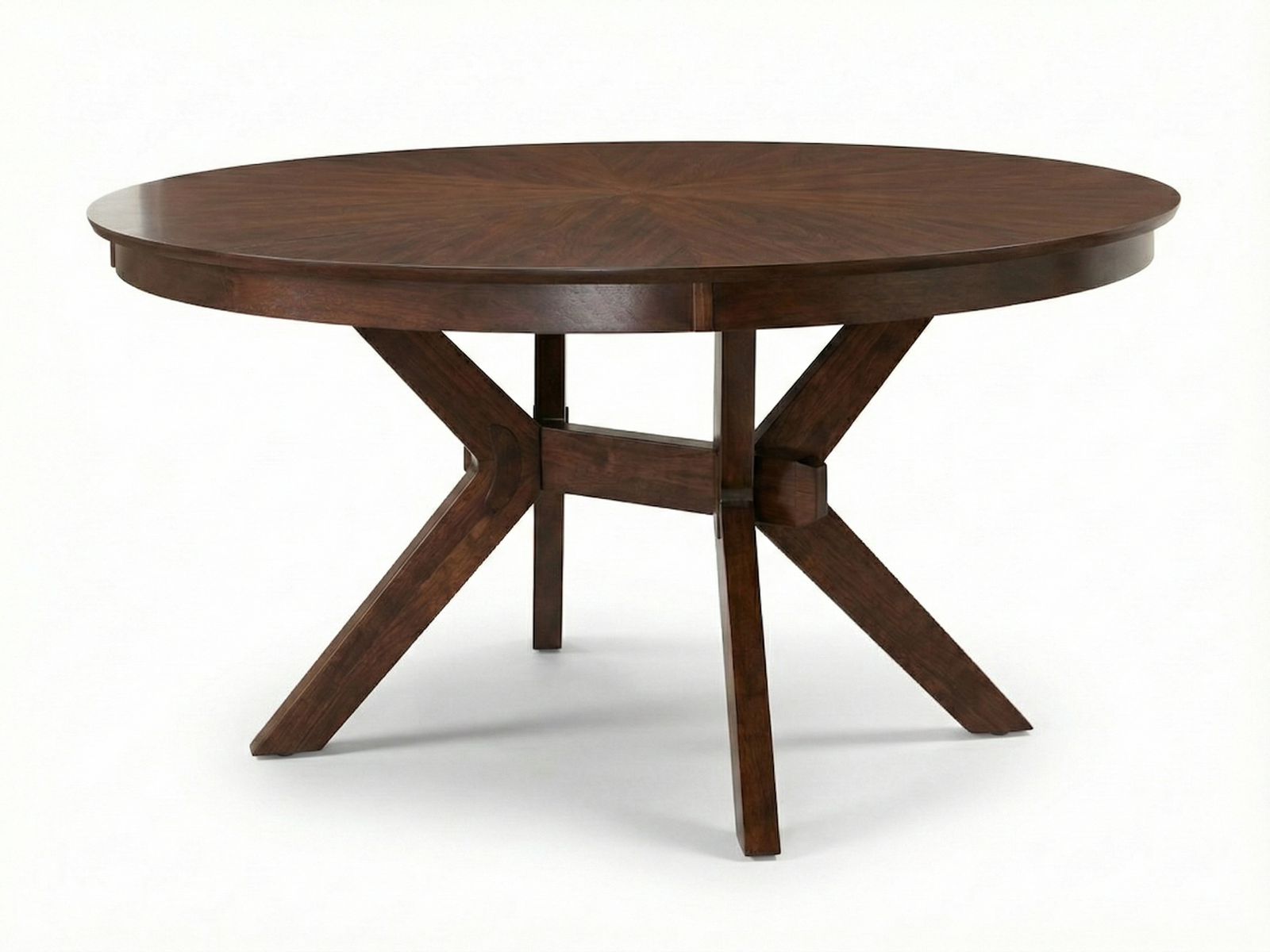 Side view of Porter circular dining table with designer angled leg made of Mahogany timber