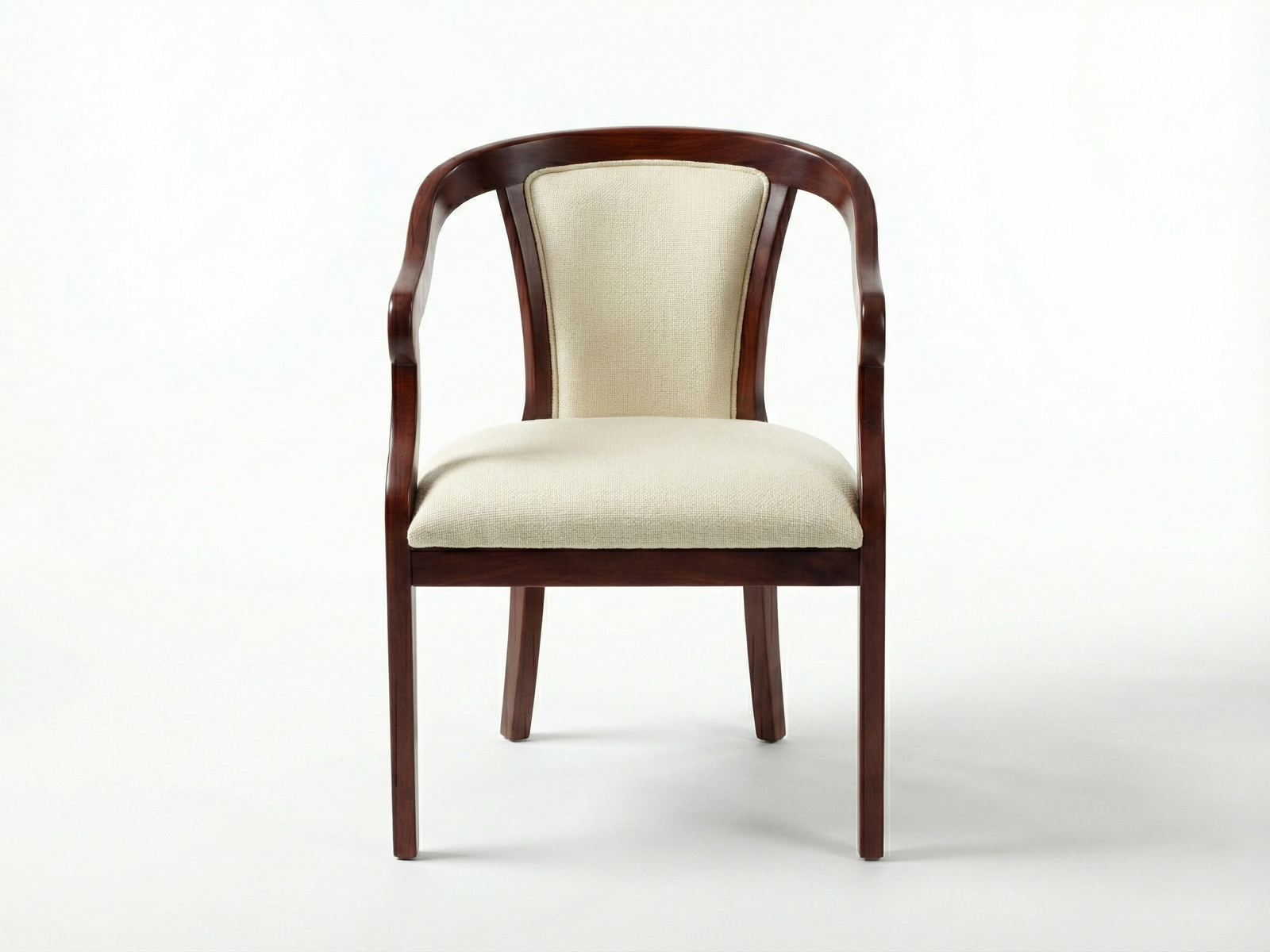 Front view of the Prince Easy Chair, a classic tub-style armchair with a polished dark mahogany or cherry wood frame. The frame features a continuous, curved backrail and gracefully scrolled armrests. The back and seat are upholstered in a light cream or off-white textured fabric. The chair stands on four straight, tapered wooden legs against a plain white background