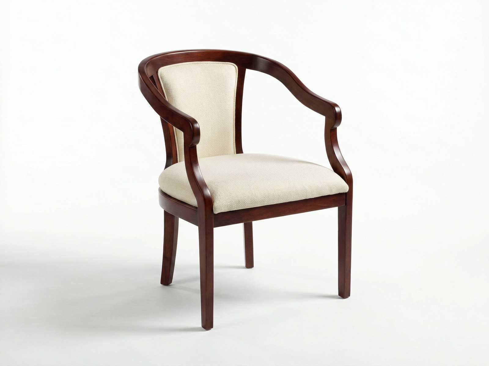 Side view of the Prince Easy Chair, a classic tub-style armchair with a polished dark mahogany or cherry wood frame. The frame features a continuous, curved backrail and gracefully scrolled armrests. The back and seat are upholstered in a light cream or off-white textured fabric. The chair stands on four straight, tapered wooden legs against a plain white background