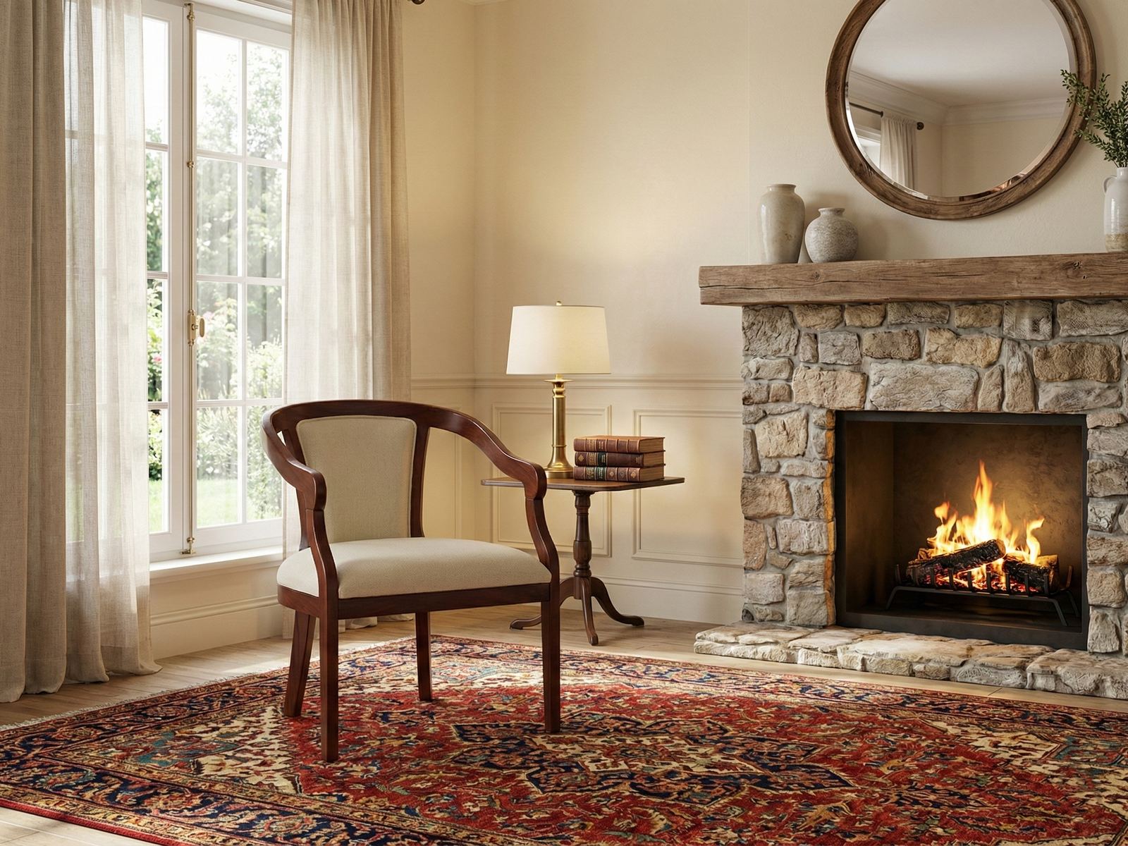 Prince Easy Chair, a classic tub-style chair with a dark mahogany frame, scrolled arms, and cream upholstery, is centered on a richly patterned red and blue Persian rug. The chair is placed in a cozy, traditional living room setting next to a dark wooden pedestal side table holding a brass lamp and stacked books. To the right is a rustic stone fireplace with a wooden mantel and a round mirror hanging above it, and to the left is a tall window with sheer curtains