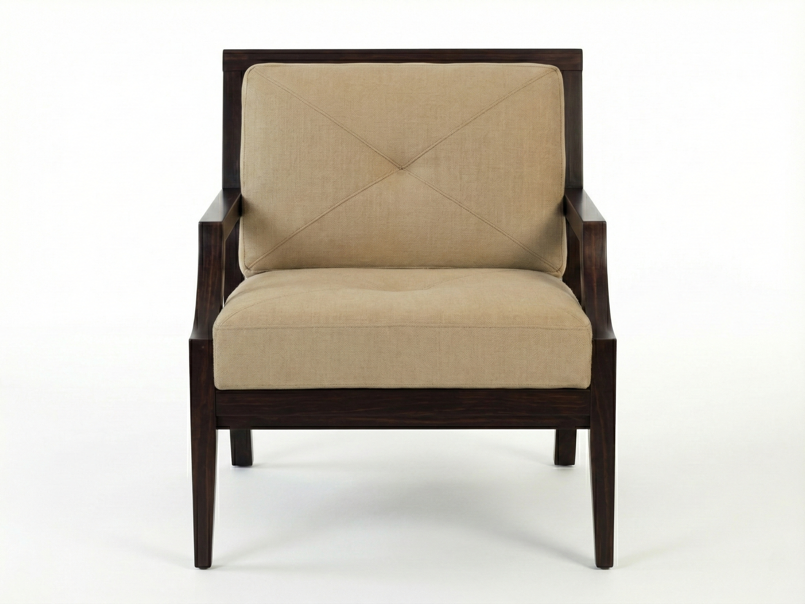 Front view of the Rachel Easy Chair, a transitional armchair with a visible dark espresso-stained wooden frame. The frame features curved front arm supports and slightly tapered legs. The seat and back cushions are thick, upholstered in a beige or tan fabric, with button tufting detail on the back. The chair is photographed against a plain white background
