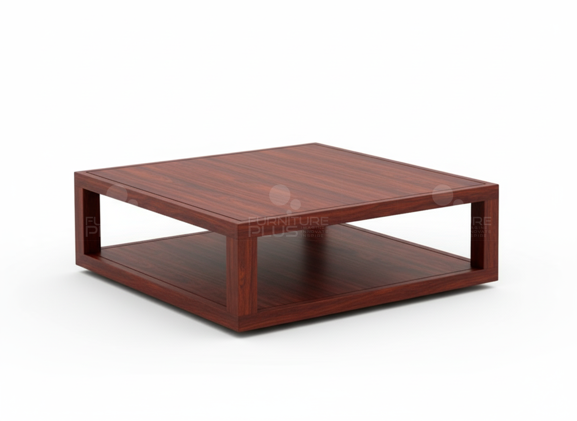 Side view of square Richard coffee table made out of solid Mahogany timber with integrated storage compartment on bottom