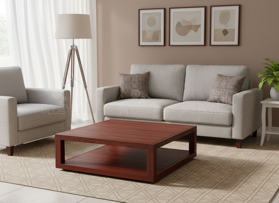 Square Richard coffee table made out of solid Mahogany timber with integrated storage compartment on bottom in a modern living room