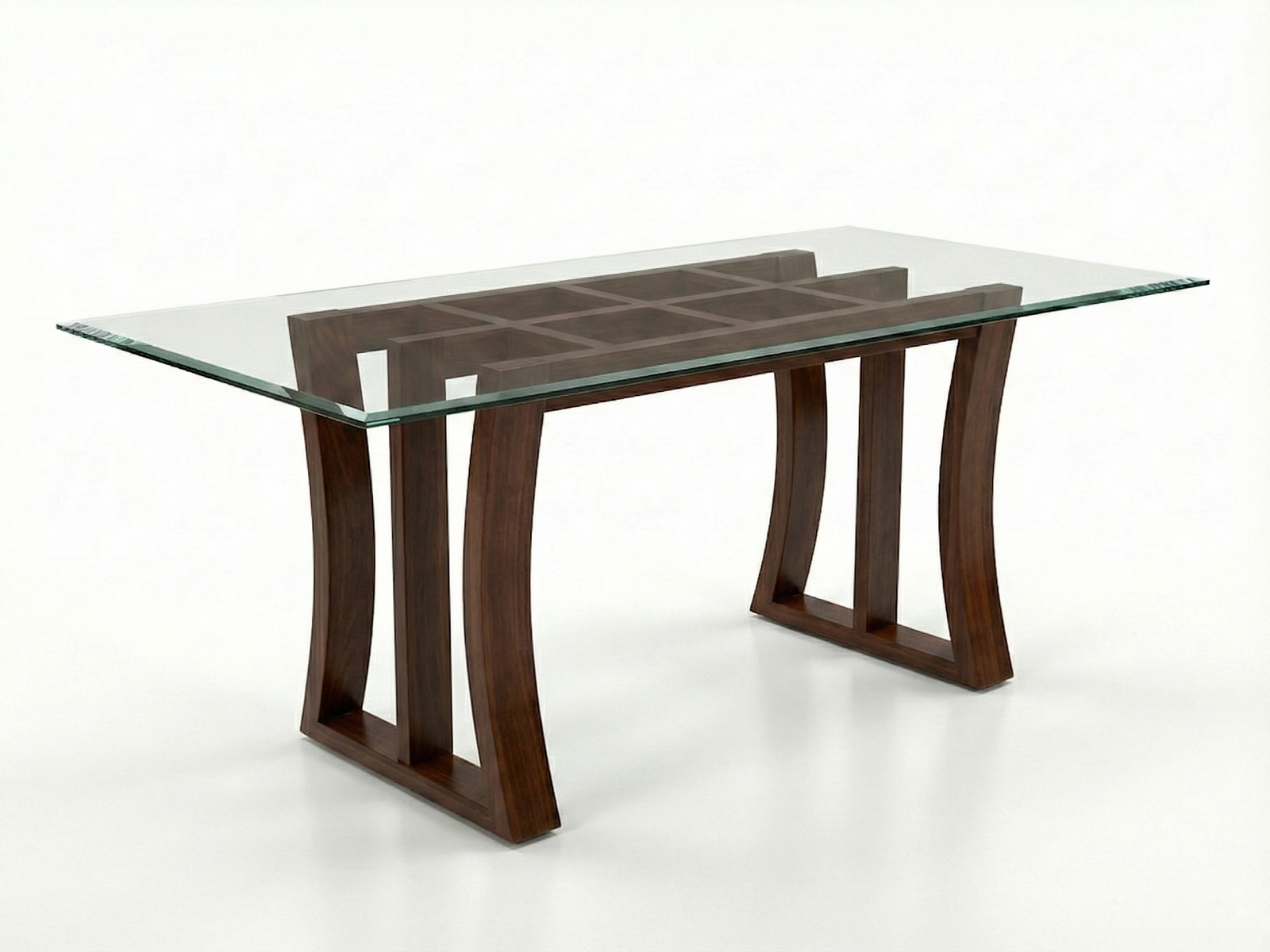 Side view of Rocky Glass top dining table with designer frame made of solid Mahogany timber