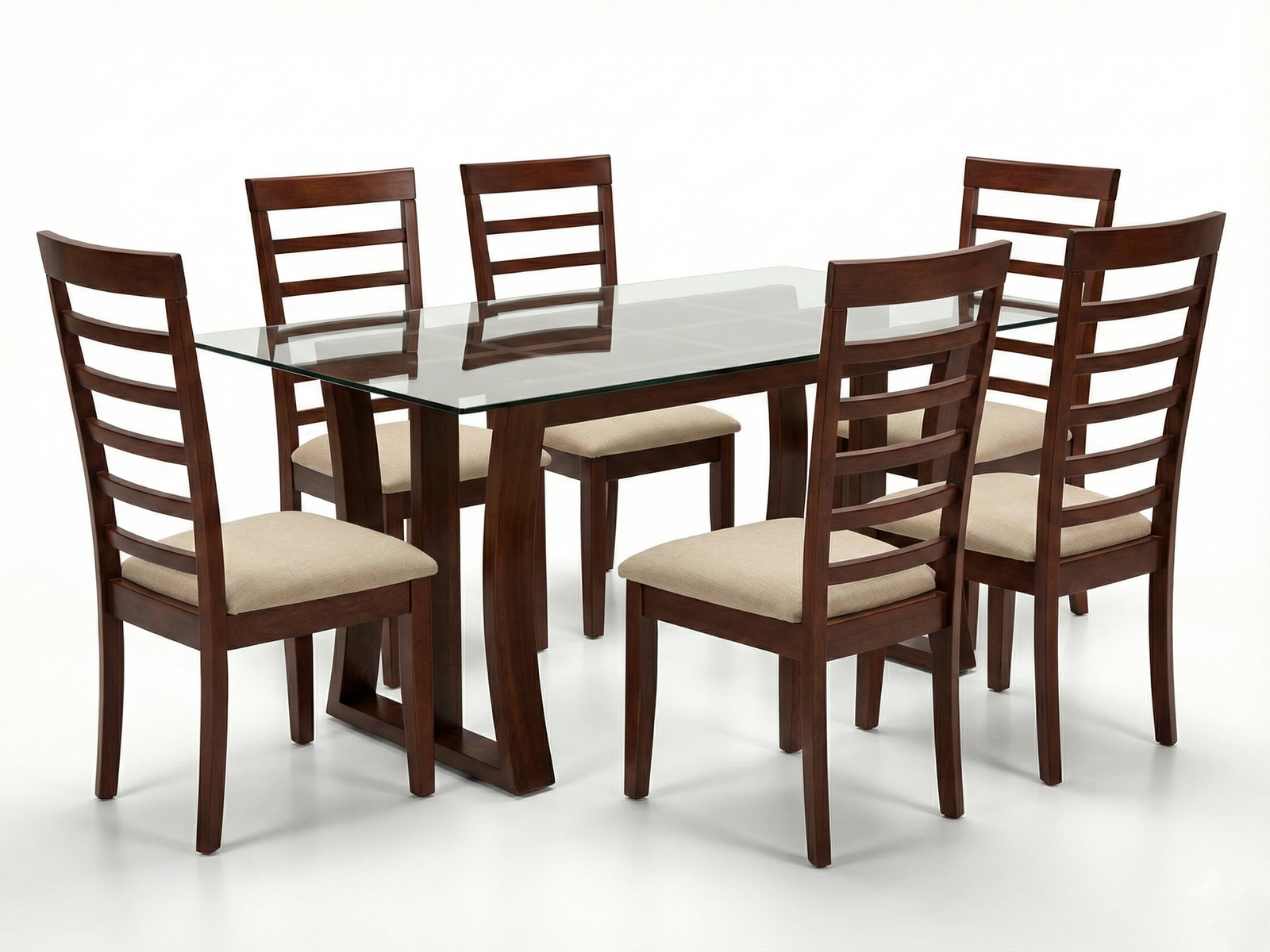 Side view of Rocky Glass top dining table with designer frame made of solid Mahogany timber with 6 Grace Chairs