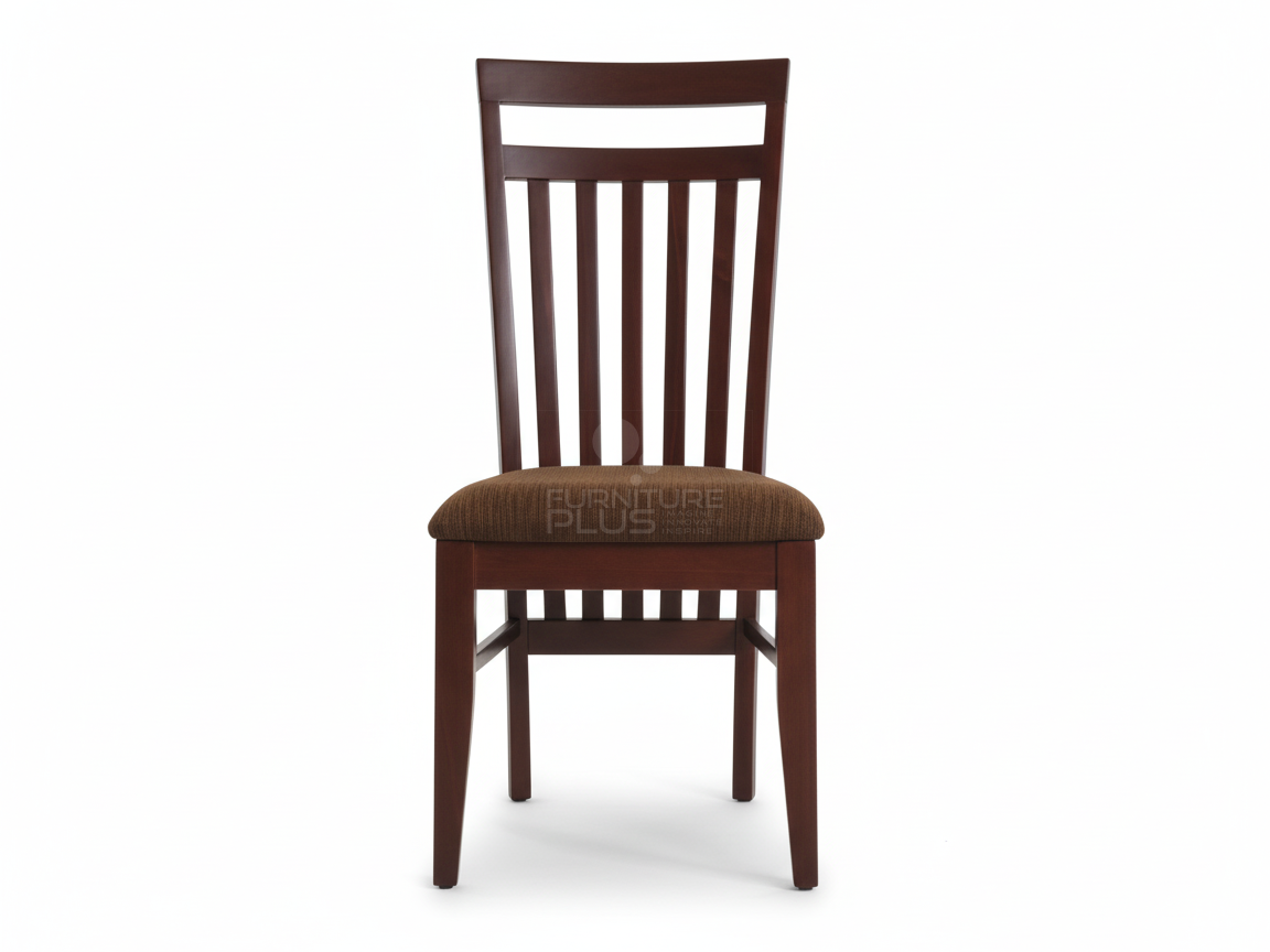 Front view of Sara traditional dining chair with a mahogany finish. The high back has an open top rail and six vertical stick slats. The seat is padded and covered in a textured, dark chocolate-brown fabric
