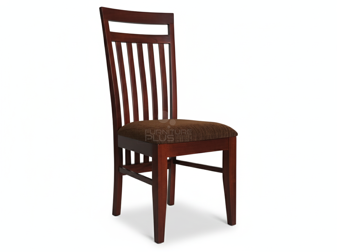 Sara traditional dining chair with a mahogany finish. The high back has an open top rail and six vertical stick slats. The seat is padded and covered in a textured, dark chocolate-brown fabric