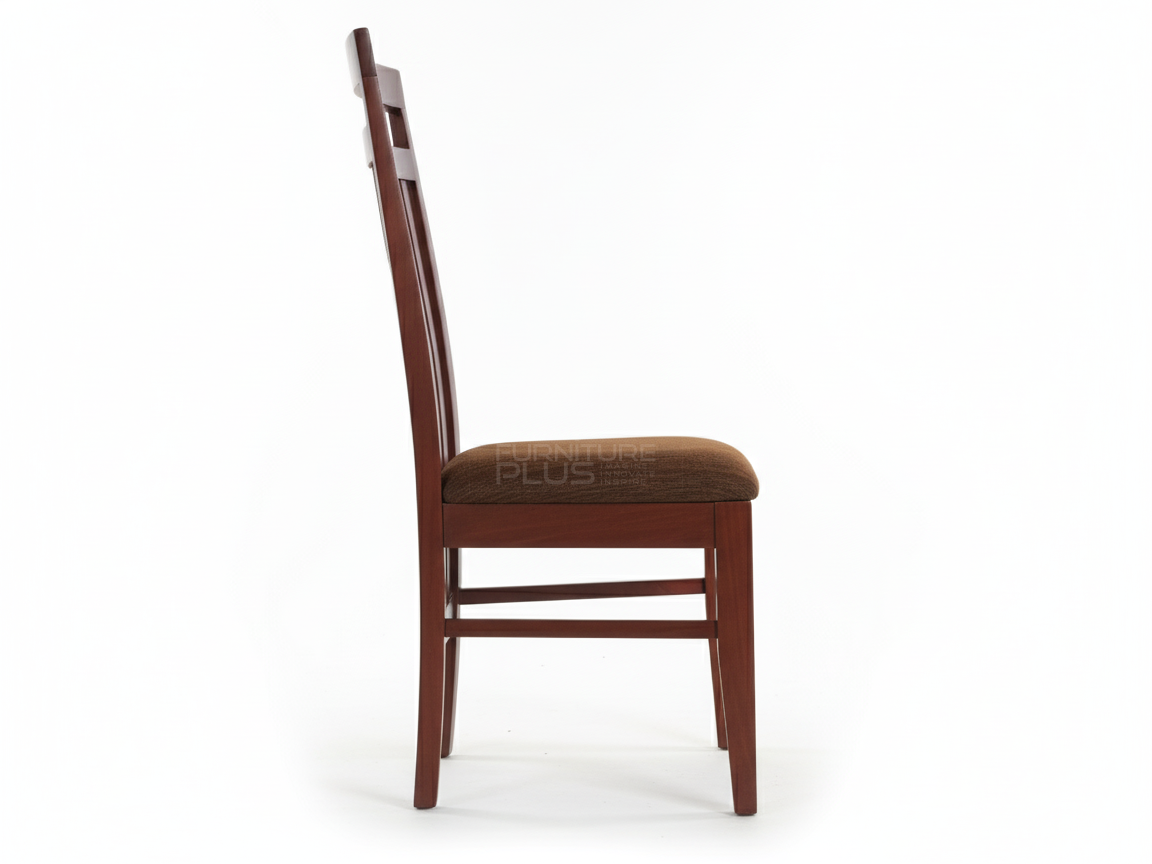 Side view of Sara traditional dining chair with a mahogany finish. The high back has an open top rail and six vertical stick slats. The seat is padded and covered in a textured, dark chocolate-brown fabric