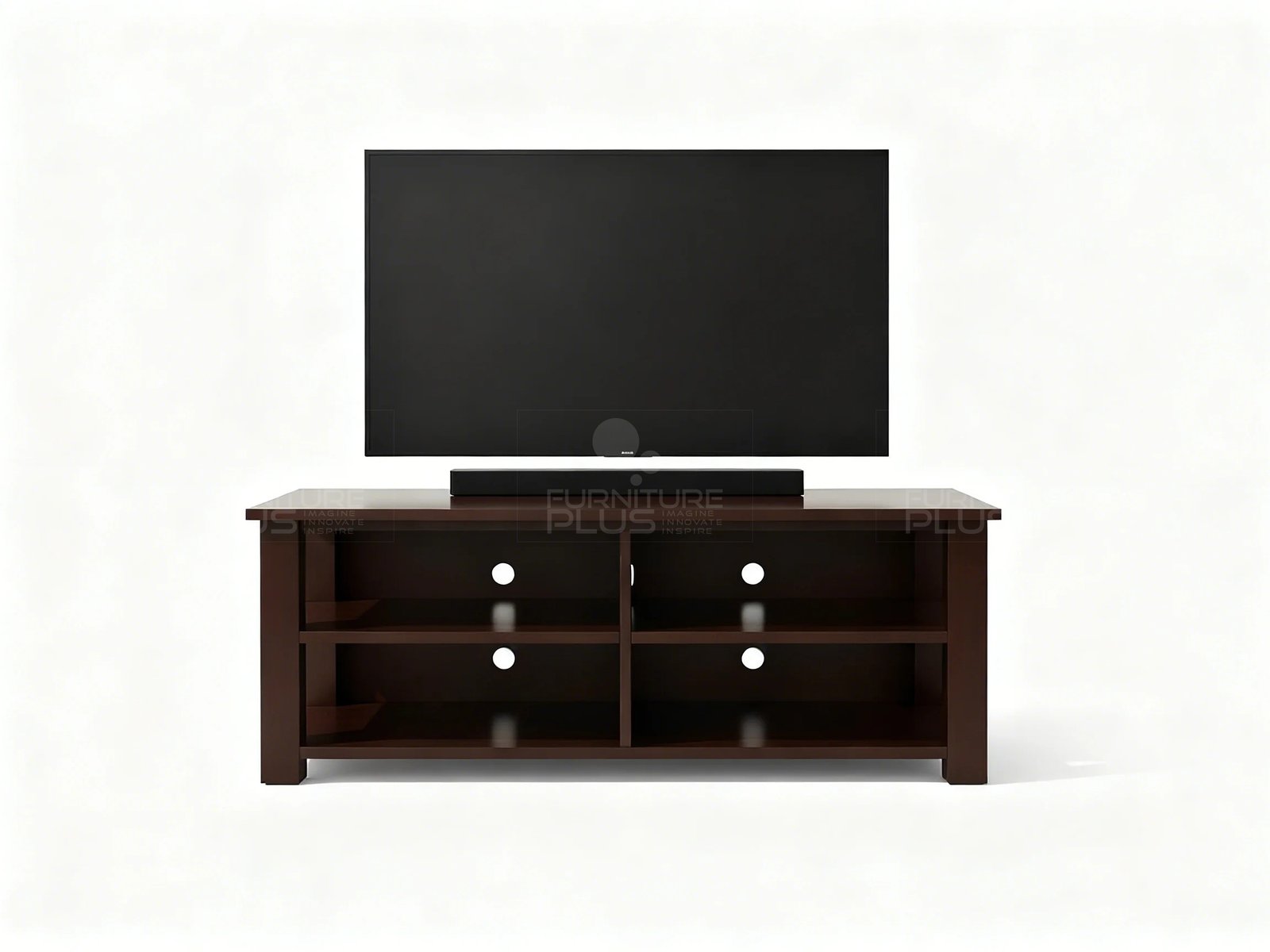 Front view of a classic, wide, open-shelf Saturn TV stand in a dark espresso wood finish. The unit features two levels of open shelving, divided into four compartments for media storage. A large flat-screen television and a soundbar rest on the top surface. The console is displayed against a plain white background