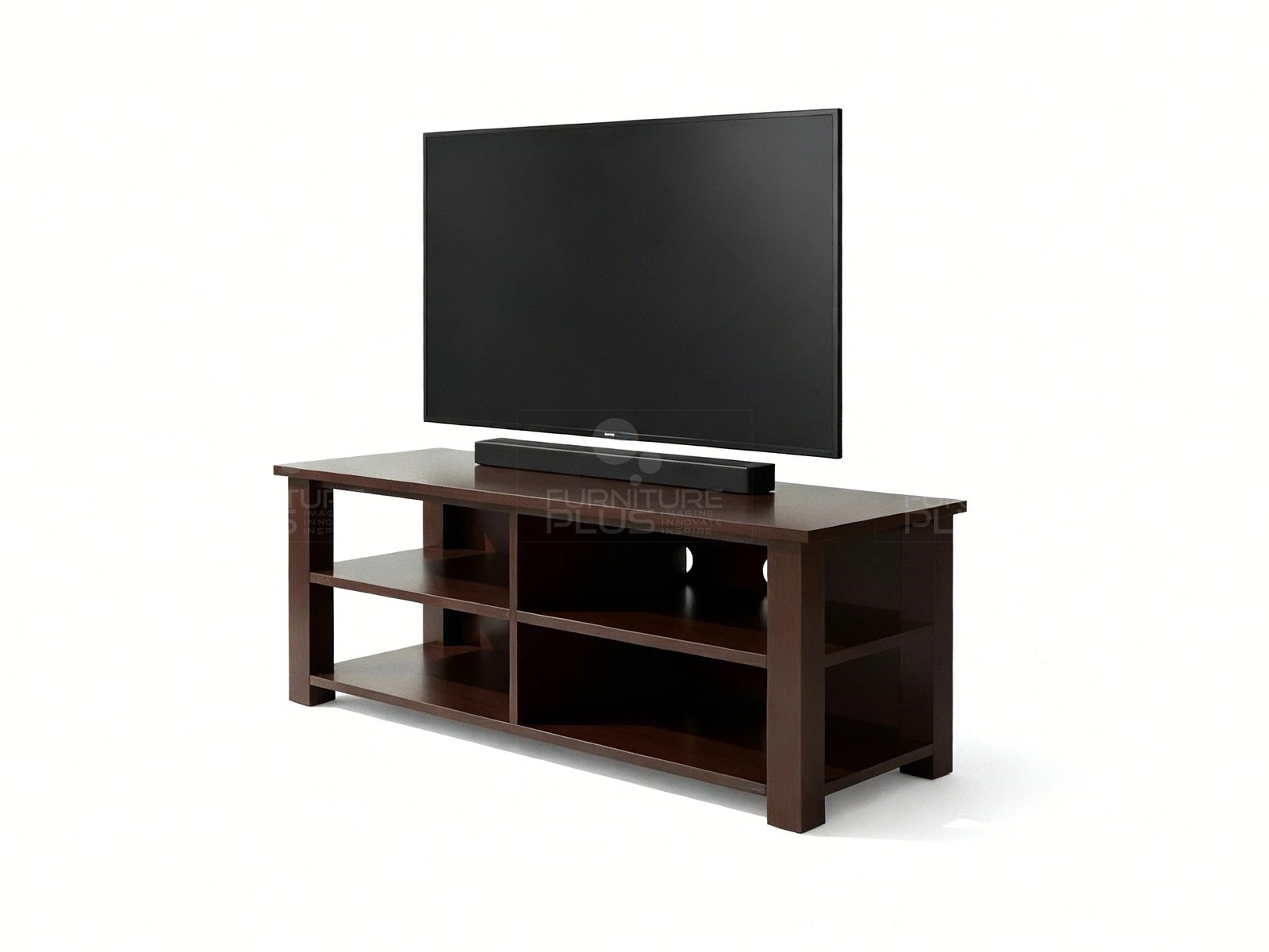 Side view of a classic, wide, open-shelf Saturn TV stand in a dark espresso wood finish. The unit features two levels of open shelving, divided into four compartments for media storage. A large flat-screen television and a soundbar rest on the top surface. The console is displayed against a plain white background