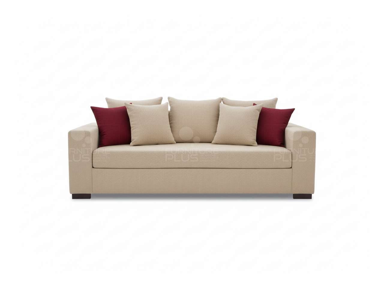 Front view of a Scotney three-seater sofa upholstered in neutral light fabric with five cushions