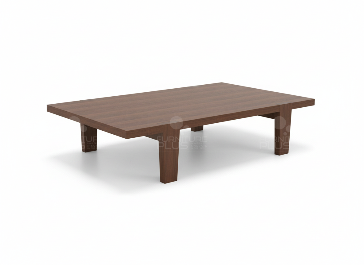Side view of Shane rectangular coffee table with protruding top made out of solid Mahogany wood