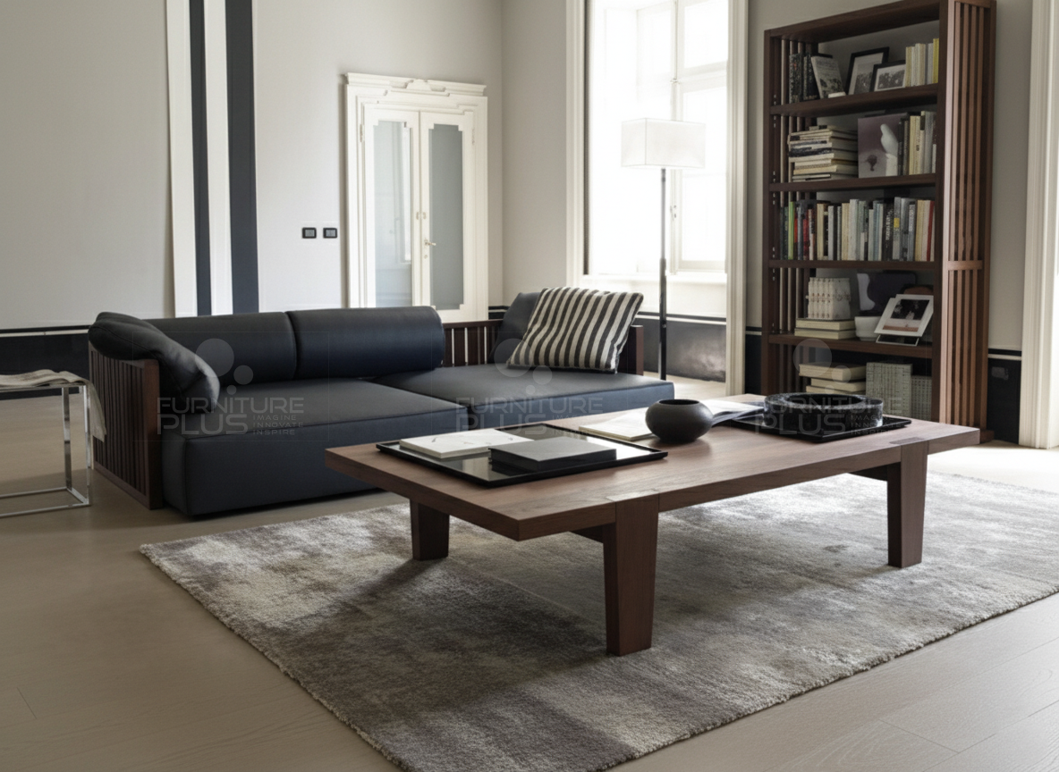 Shane rectangular coffee table with protruding top made out of solid Mahogany wood in a modern living room
