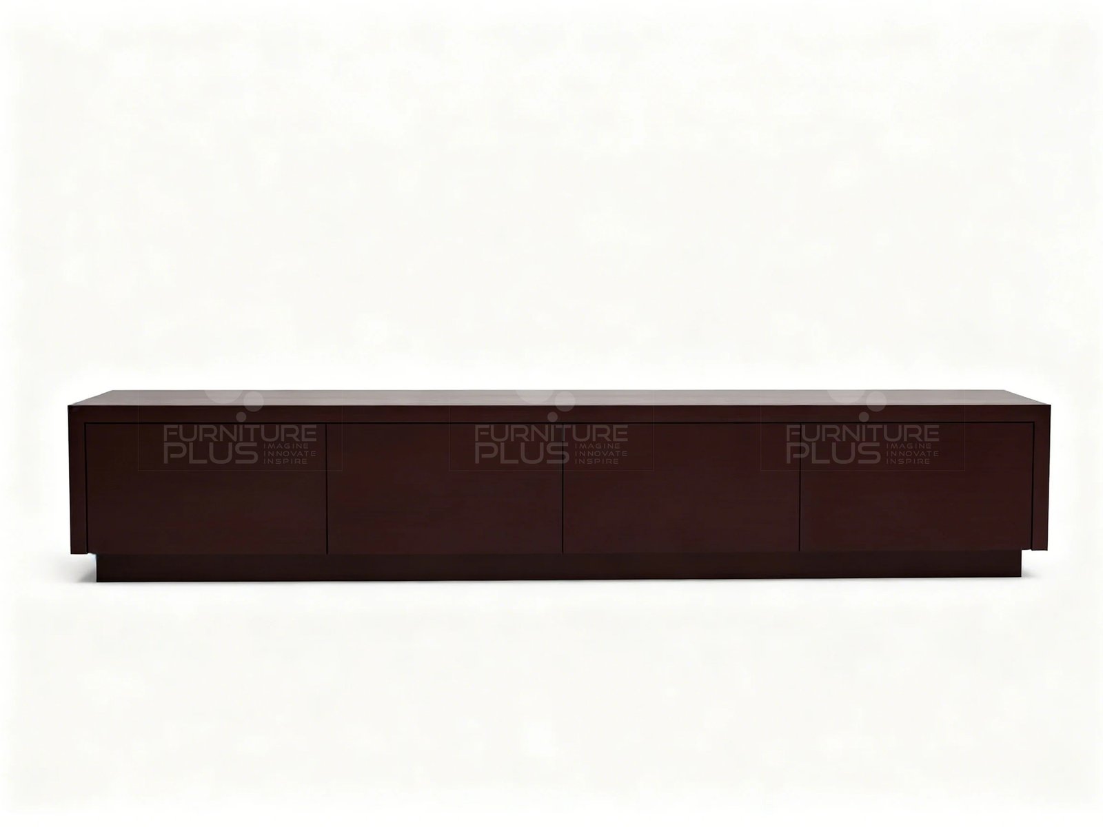 Front view of A long, very low, and minimalist Shrek TV console or credenza in a dark espresso or reddish-brown wood finish. The front features four wide, handleless cabinet or drawer fronts, giving it a seamless, linear appearance. The unit has a recessed base that creates a subtle floating effect, and it is displayed against a plain white background