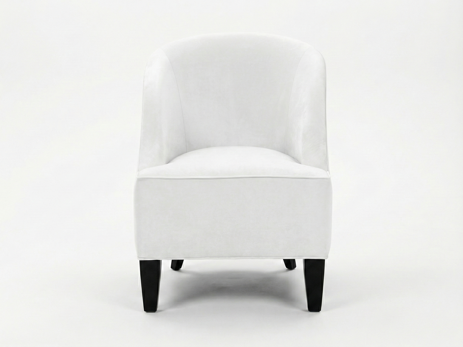 Front view of the Smith Easy Chair, a fully upholstered contemporary armchair with a deep, seamless tub silhouette. The chair is covered in smooth white or light cream fabric, featuring a curved back that flows into low arms. It has a boxy base supported by short, dark block feet, against a plain white background