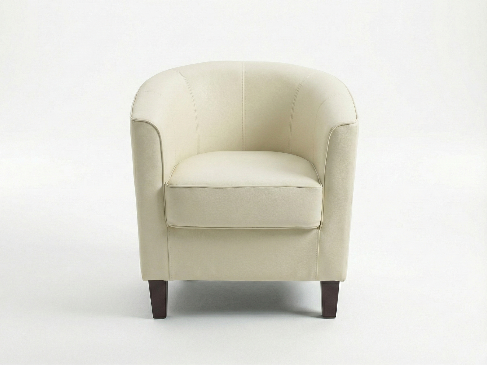 Front view of the Sophie Easy Chair, a classic tub armchair fully upholstered in smooth cream or off-white leather or faux leather. It features a continuous, rounded back and arms with vertical stitching details, a removable seat cushion, and sits on short, dark tapered block feet. The chair is photographed against a plain white background