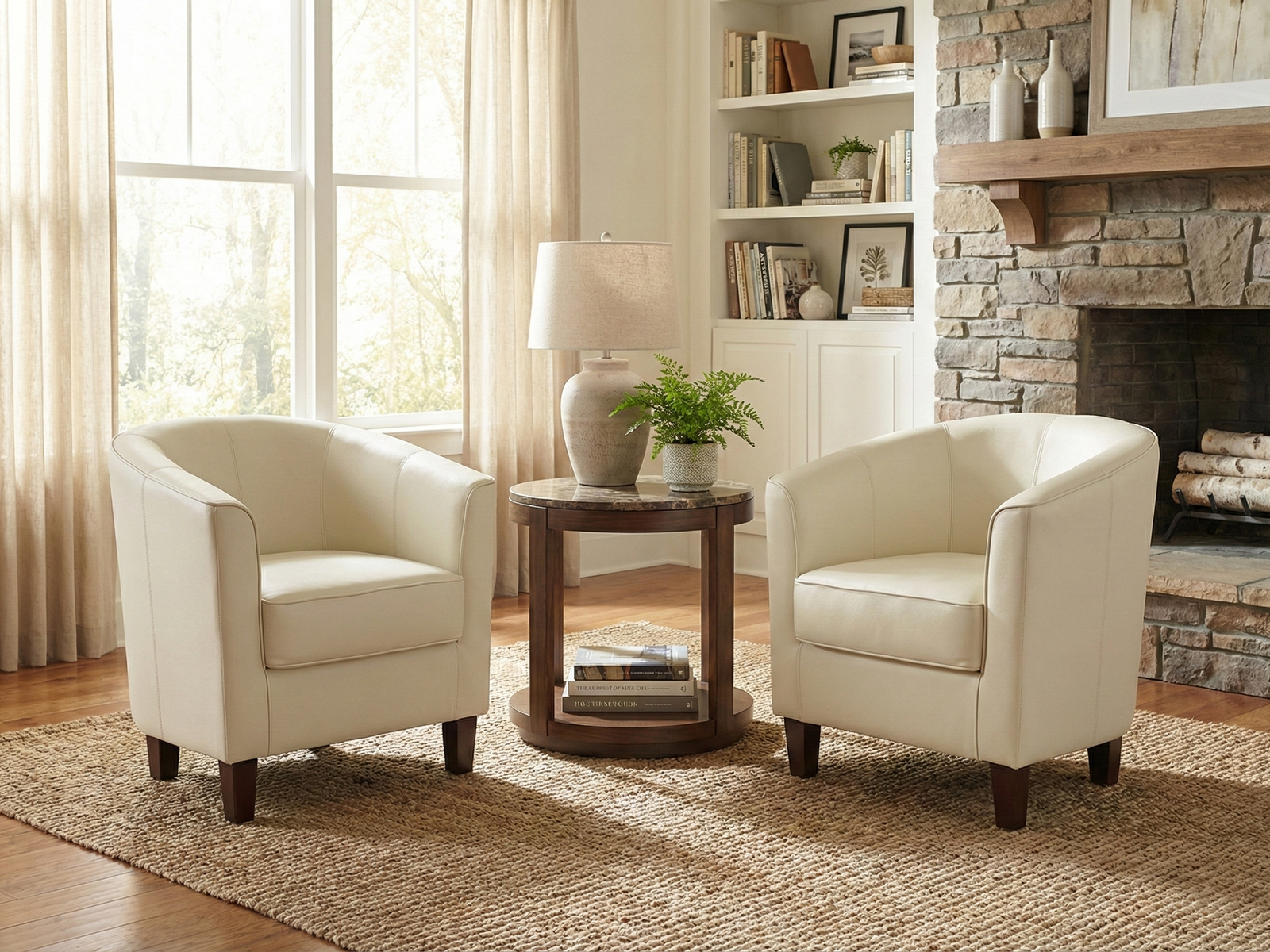 Two matching Sophie Easy Chairs, classic cream-colored leather tub chairs with rounded backs and dark tapered feet, are positioned facing each other over a light woven jute rug. They flank a round wooden side table with a marble top, holding a large ceramic lamp and a potted fern. The chairs are set in a bright living room with large windows draped in sheer curtains, a built-in bookshelf, and a rustic stone fireplace with a wooden mantel