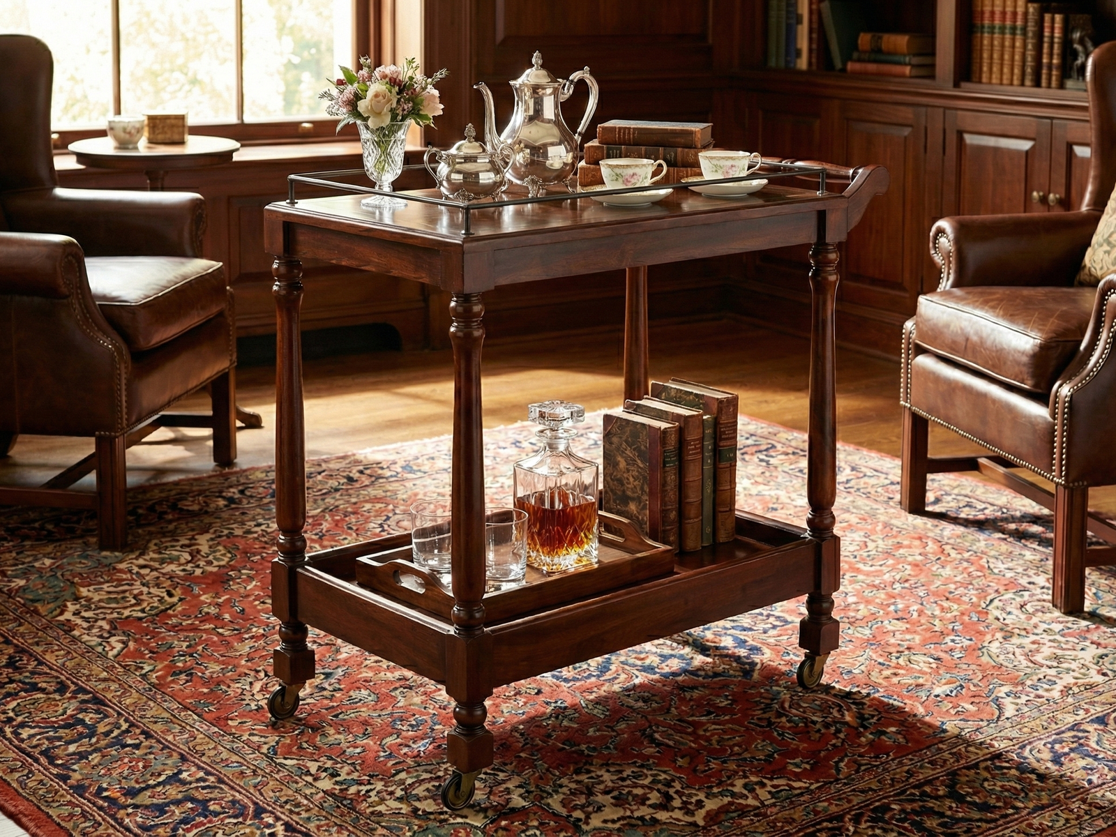 Staged photo of a classic Tiara dark Mahogany wood tea trolley placed on a Persian-style rug in a traditional wood-paneled study. The top tier is elegantly set with a silver tea service, flowers, and china teacups. The bottom tier holds a crystal decanter set on a tray and a row of antique books, flanked by two brown leather armchairs